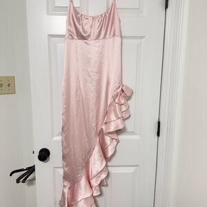 Elegant Pink Satin Dress with Ruffle Detail